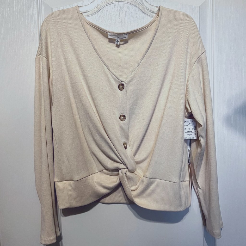 June & Hudson Long Sleeve Top-Twisted Knot In Front-Cream-Size Med-Nwt-Buttons